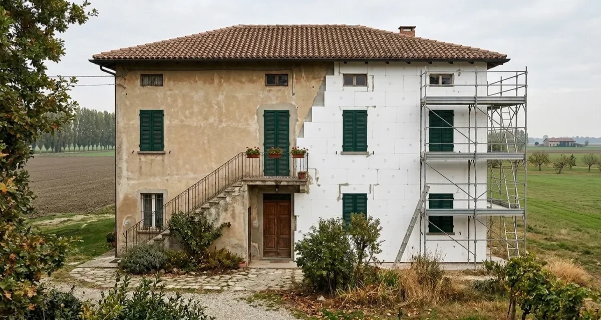 Casa colonica nella pianura romagnola con metà facciata già rivestita dai pannelli del cappotto termico, immagine illustrativa