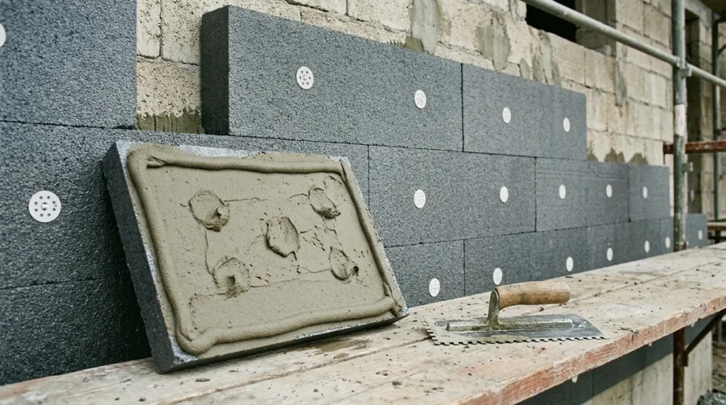 Pannello isolante in polistirene con grafite con la colla stesa a cordolo lungo il bordo e a punti al centro, appoggiato alla parete già rivestita, immagine illustrativa